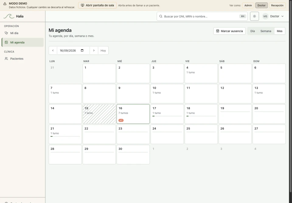 Agenda mensual del médico con turnos, ausencia y disponibilidad